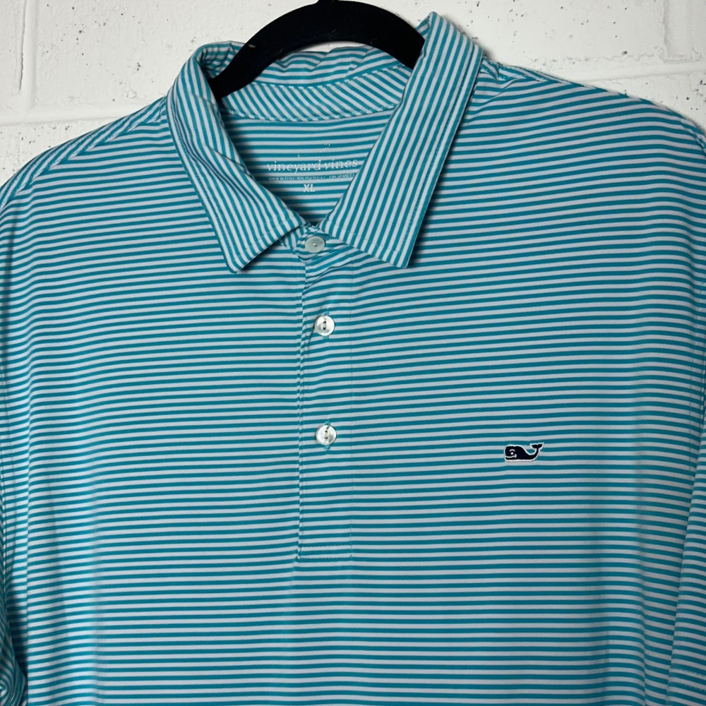 Vineyard Vines Mens XL Performance Polo Shirt Teal White Striped Golf Short Slv